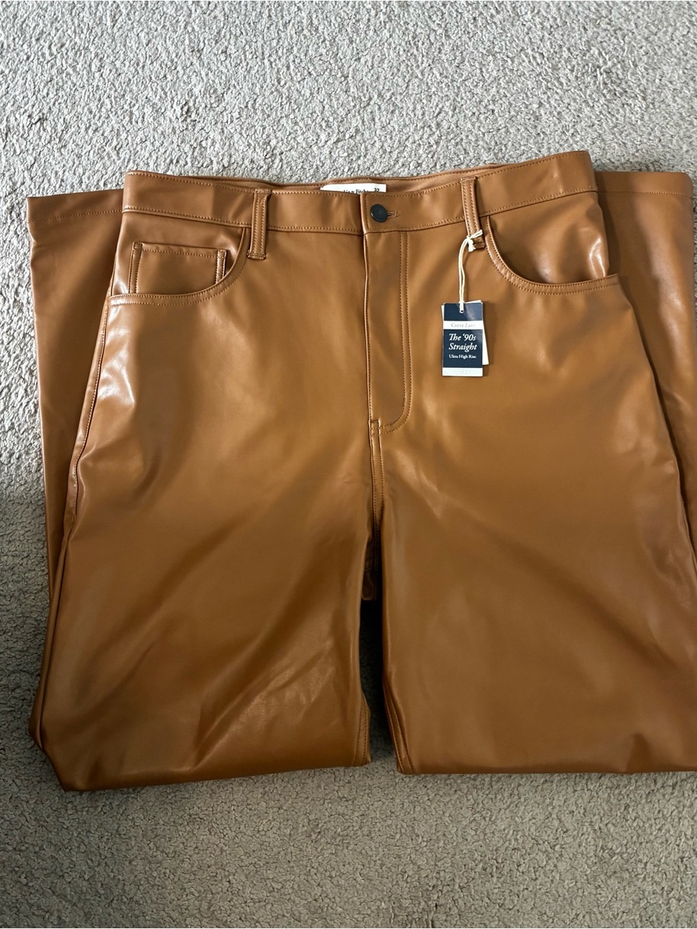 Abercrombie & Fitch '90s Straight Ultra High Rise Faux Leather Tan Pants 32/14